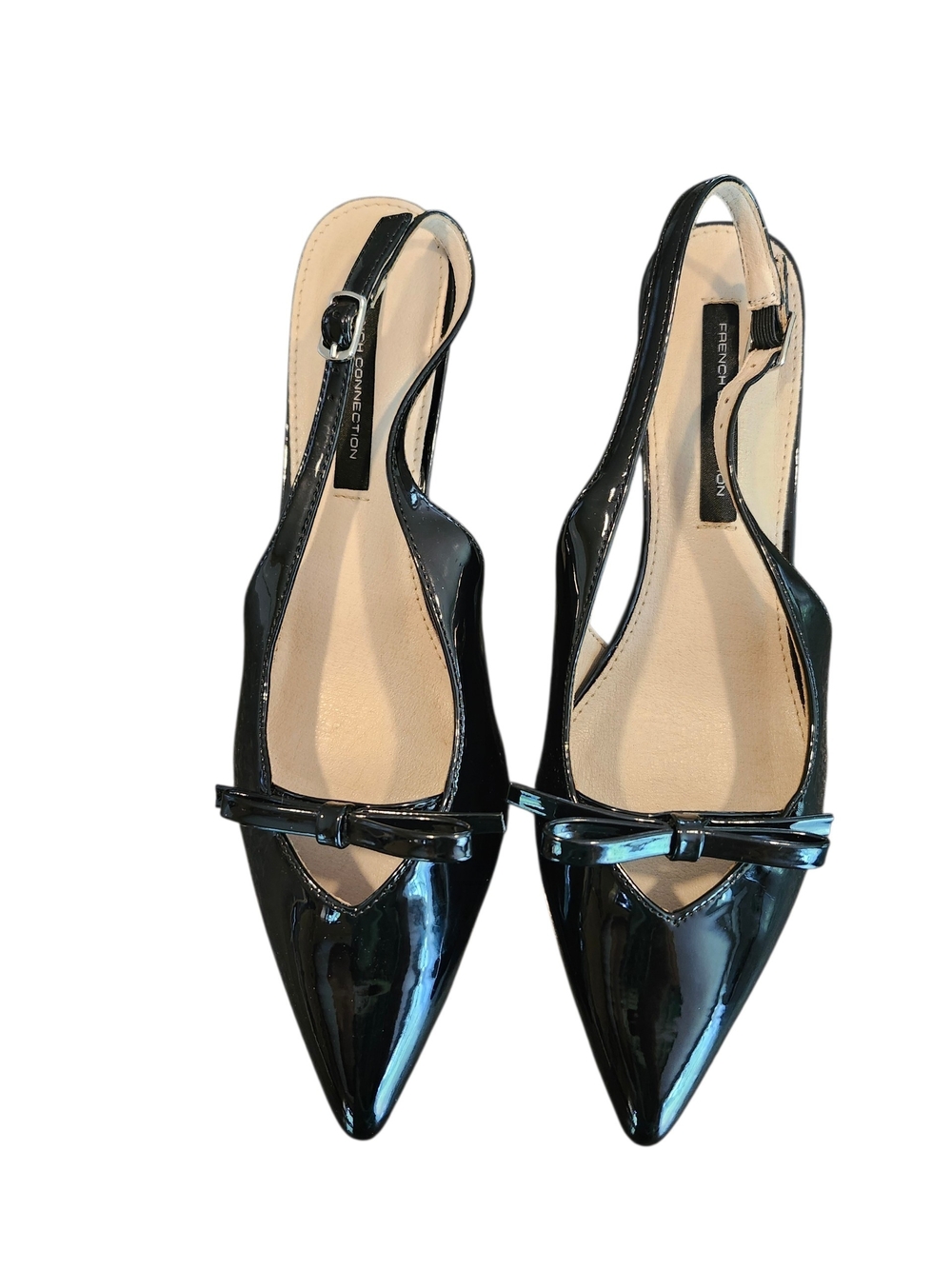 French Connection Black Patent Slingback Pumps Pointed Toe Kitten Heel With Bow - Picture 5 of 10